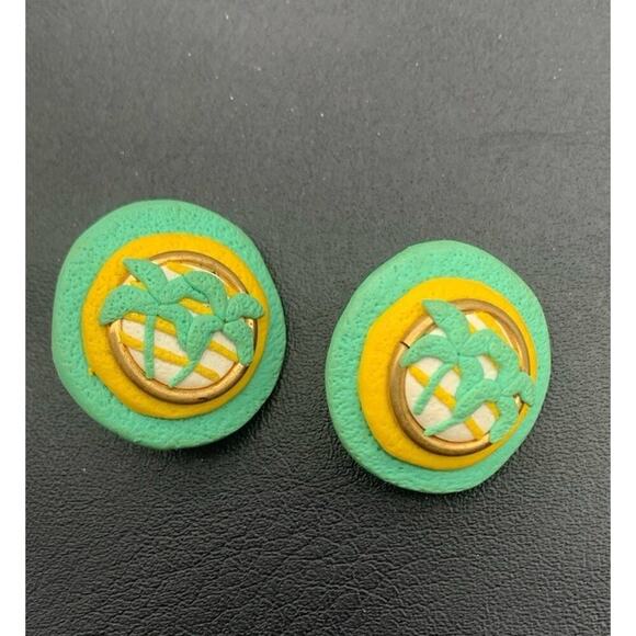 Unbranded Jewelry - Vintage Teal Green & Yellow Palm Trees & Sunshine Clip On Earrings Unique